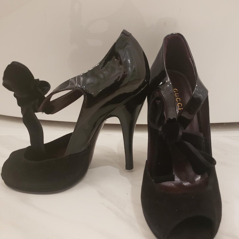 Gucci Suede & Patent Leather Peep Toe Pumps